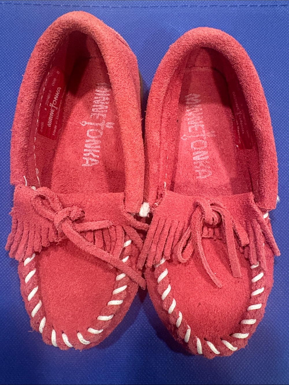 Minnetonka Kids Pink Suede Fringe Moccasins